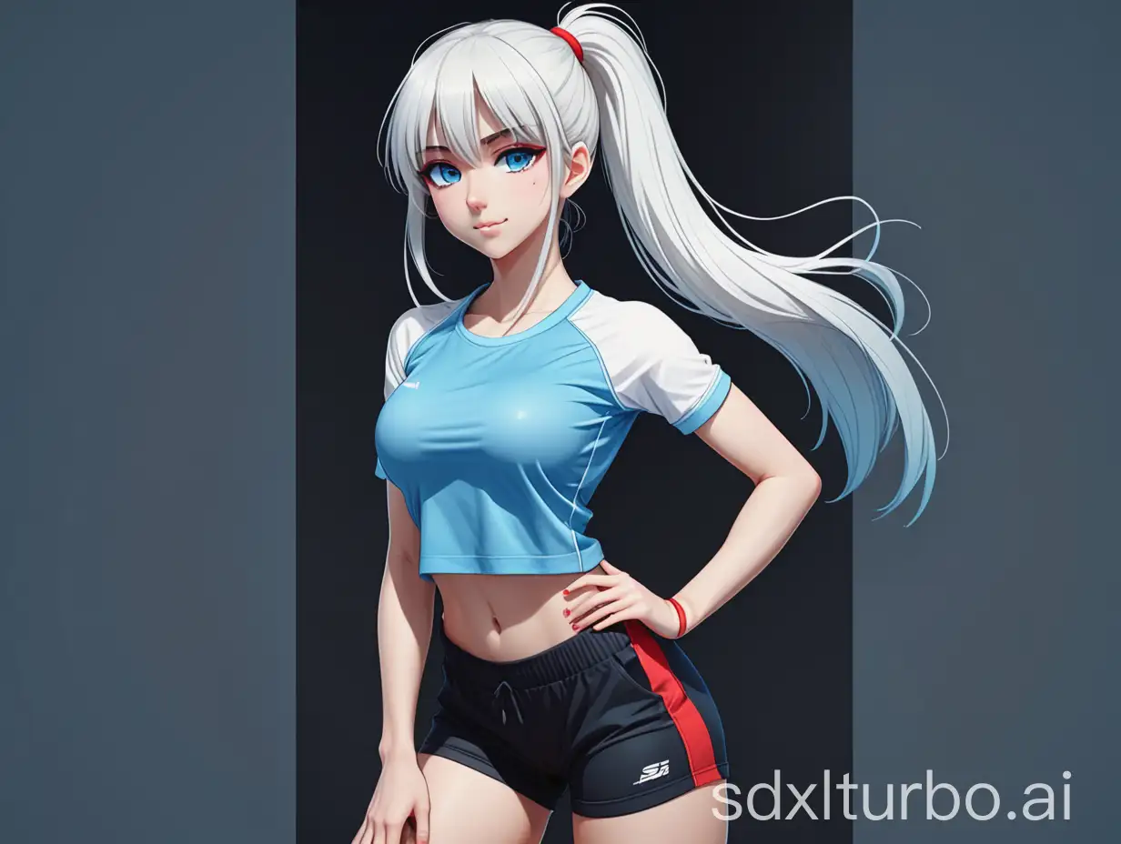 anime girl. toned athletic body. beautiful breasts. pretty butt. full height. beautiful well-crafted face. happy face. white long hair. hair with a fringe. ponytail with red rubber band. light blue eyes. thin eyebrows. fitting blue top with black border. cropped top. tight fitting sporty black shorts. shorts with light blue fabric inserts. white sneakers. white socks.