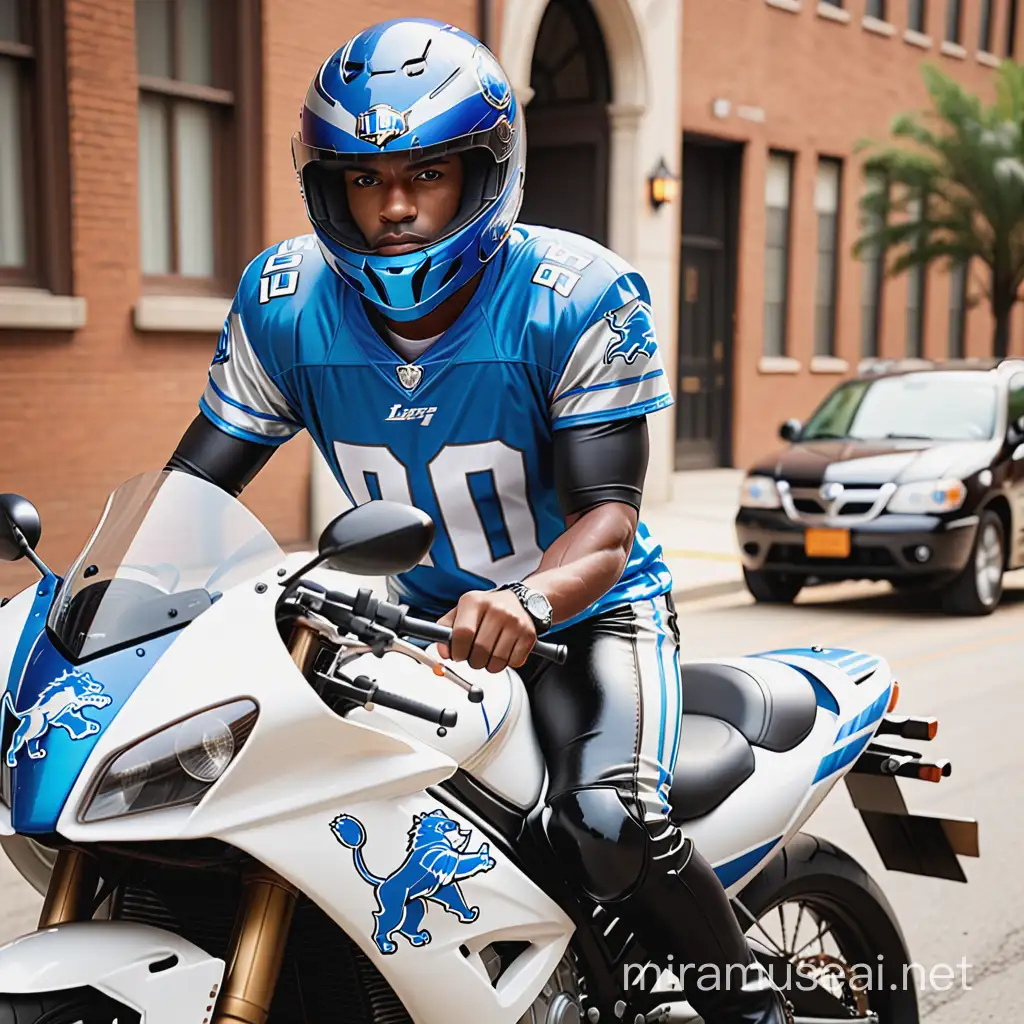 create a pic of AN AFRICAN AMERICAN MALE WEARING A MOTORCYCLE closed HELMET DRESSED IN A DETROIT lion FOOTBALL JERSEY  riding a  DETROIT LION MOTORCYCLE