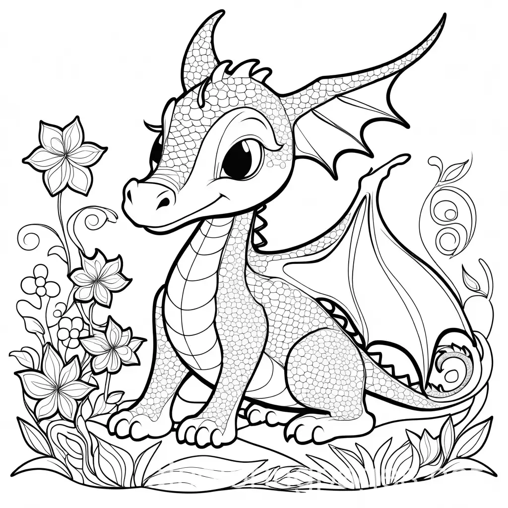 Cute-Dragon-with-Big-Nose-and-Flowers-Coloring-Page-for-Kids