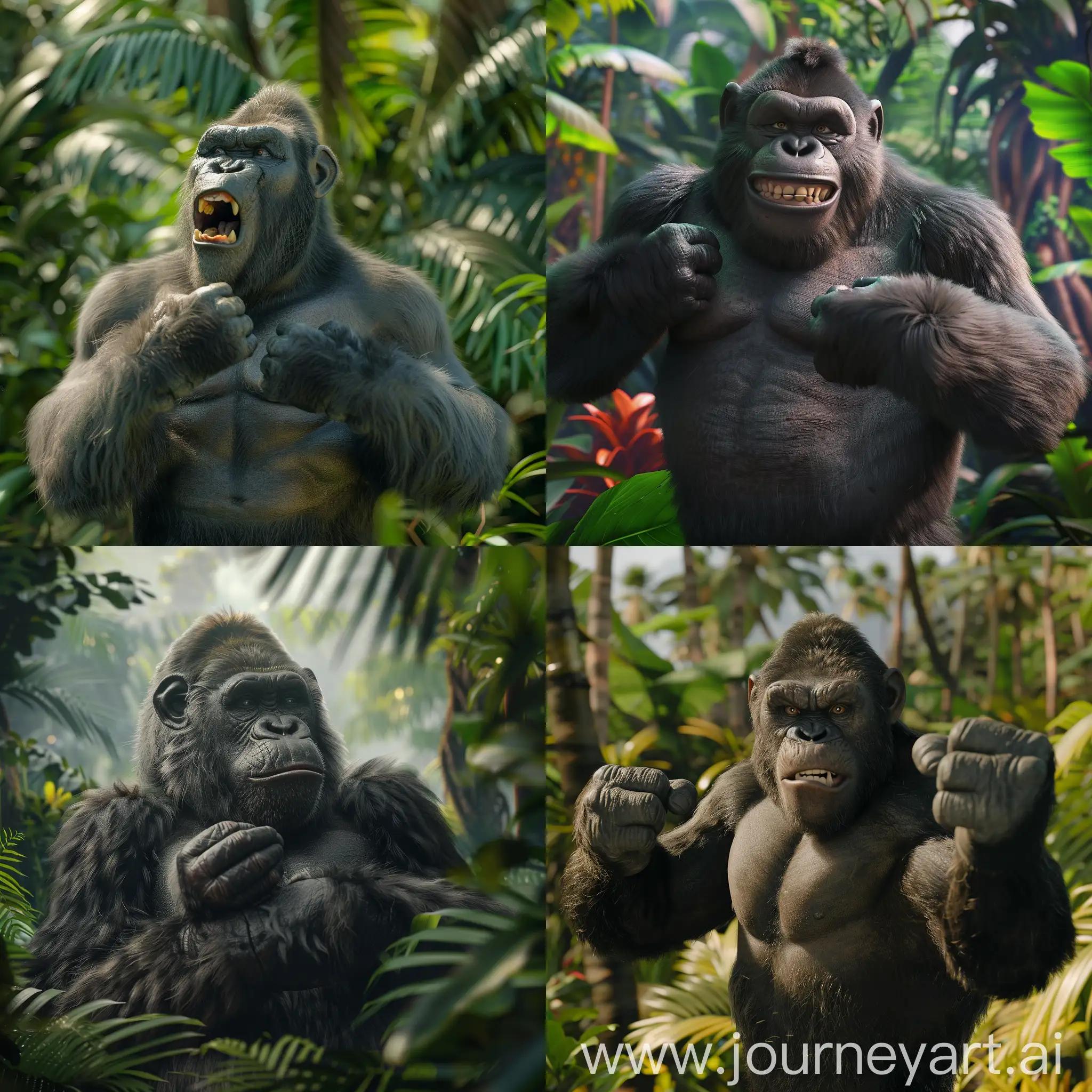 goofy ape beating chest in the lush jungle 4k 