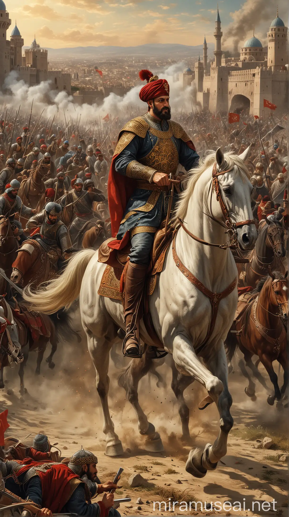 Sultan Mehmed II Leading the Siege: Illustrate Sultan Mehmed II, also known as Mehmed the Conqueror, astride his horse, directing the Ottoman forces during the siege of Constantinople. The image should capture his determination and leadership.

