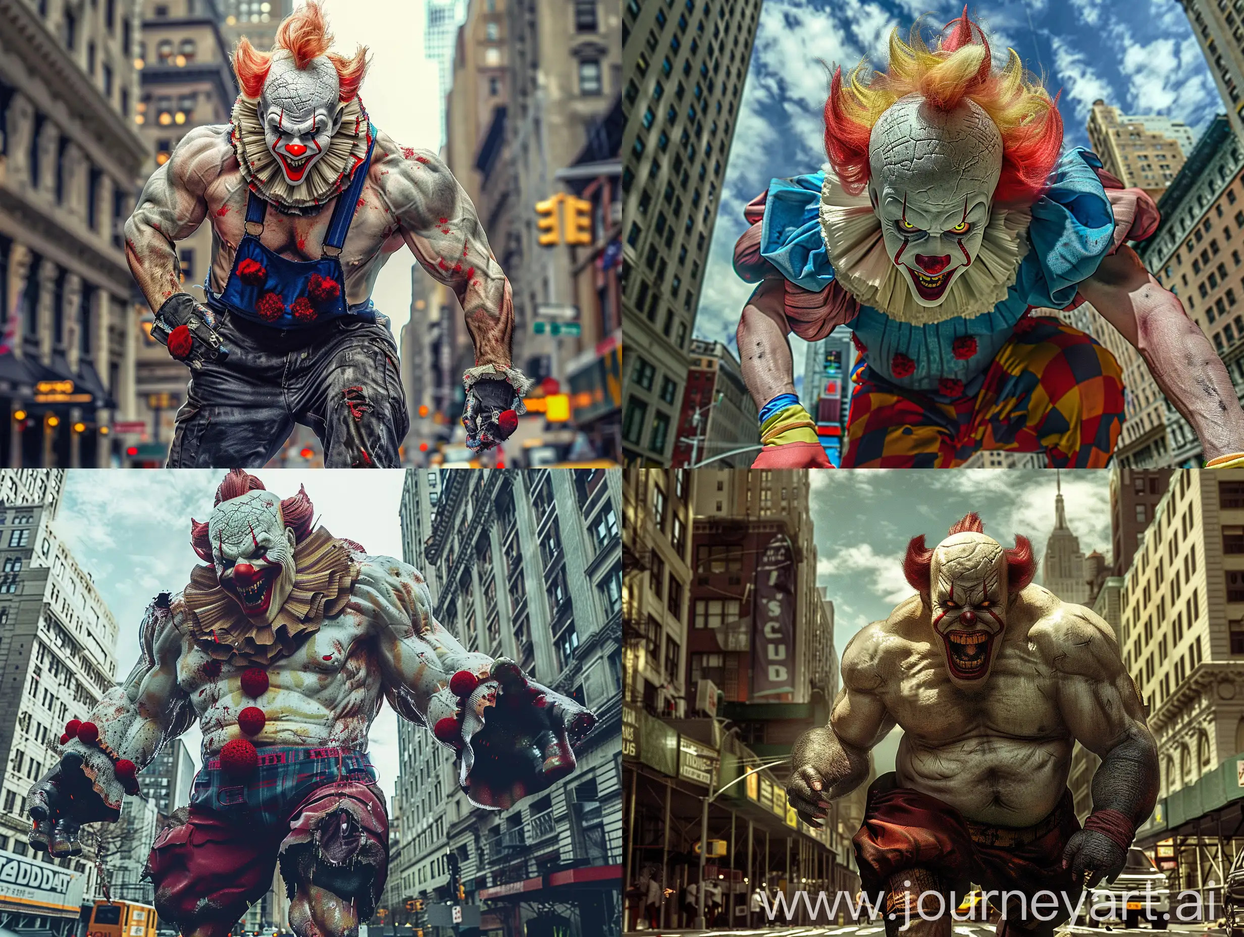 A big muscular and scary clown wreaking havoc in New York, realistic, ultrahd, HDR
