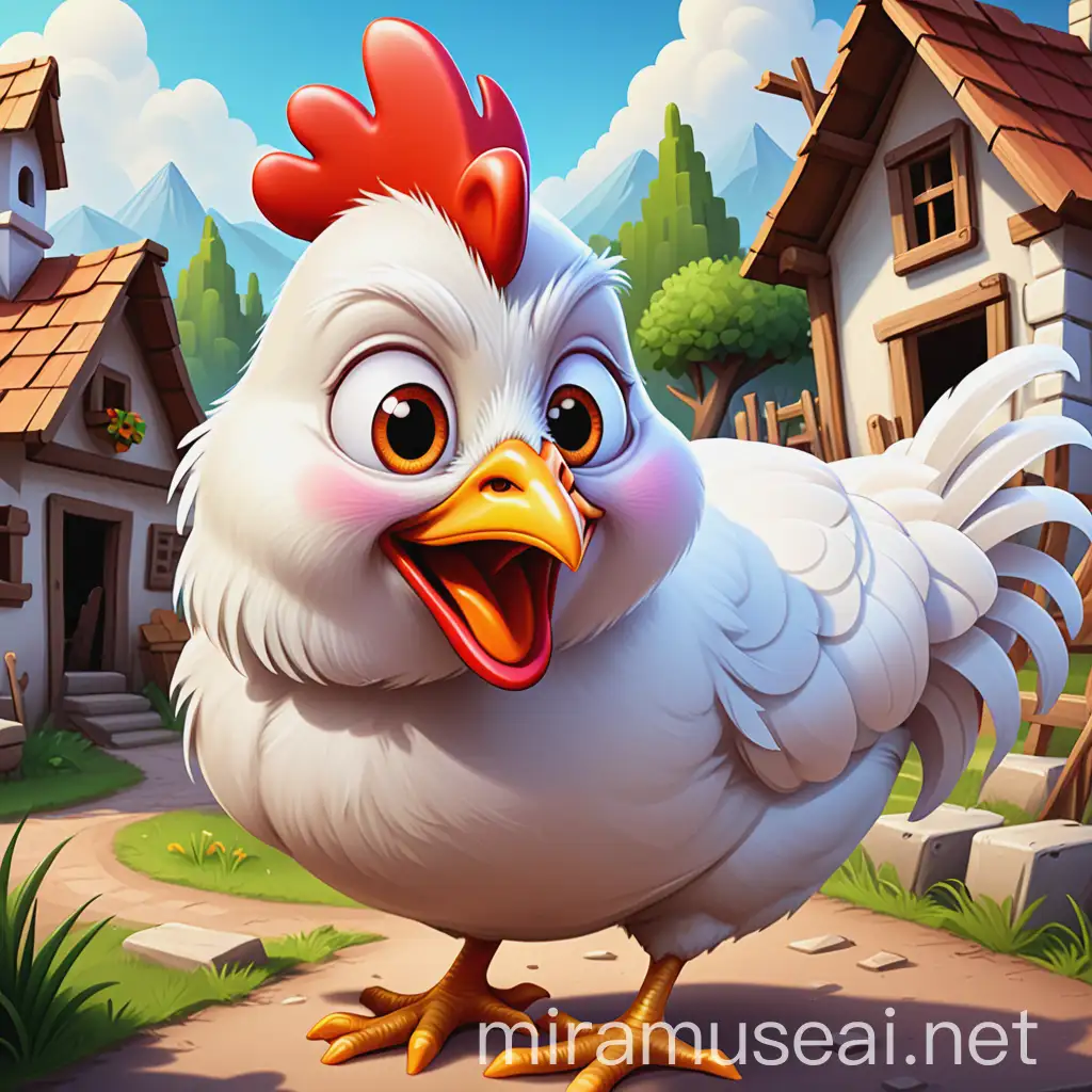 Happy White Chicken Kvochka in DisneyStyle Village CloseUp