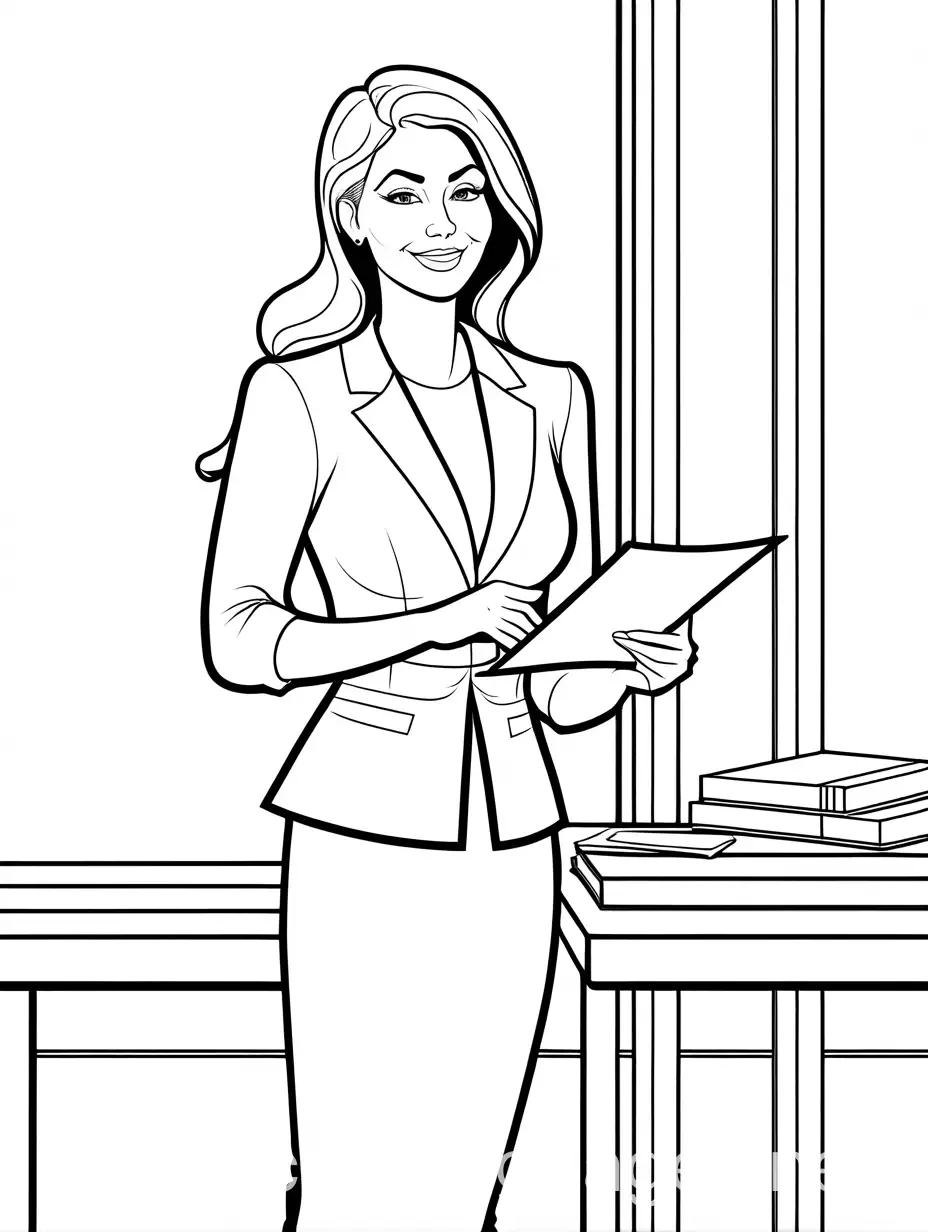 A confident women presenting a business proposal, Coloring Page, black and white, line art, white background, Simplicity, Ample White Space. The background of the coloring page is plain white to make it easy for young children to color within the lines. The outlines of all the subjects are easy to distinguish, making it simple for kids to color without too much difficulty