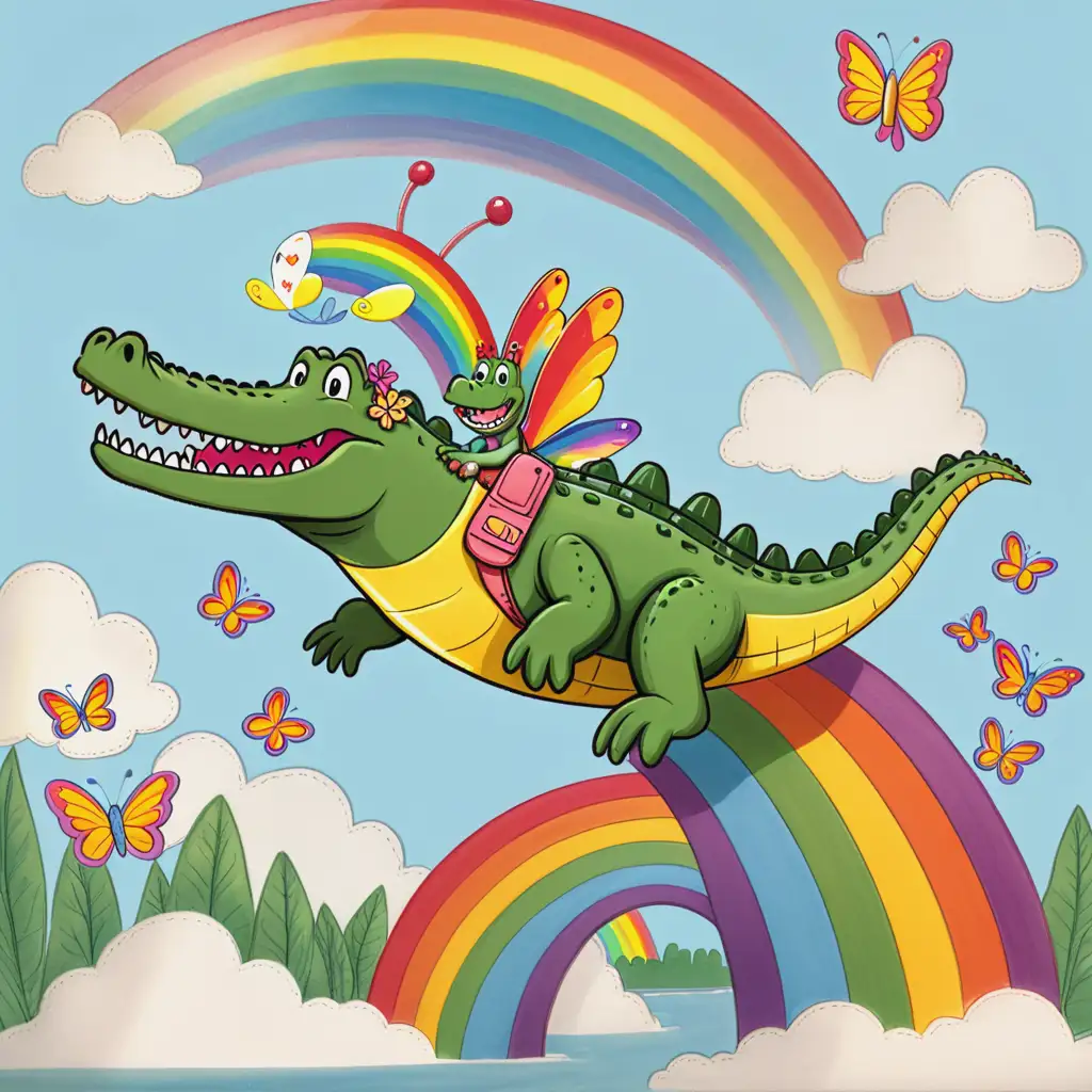 Crocodile Flying an Aeroplane with Rainbows and Butterflies