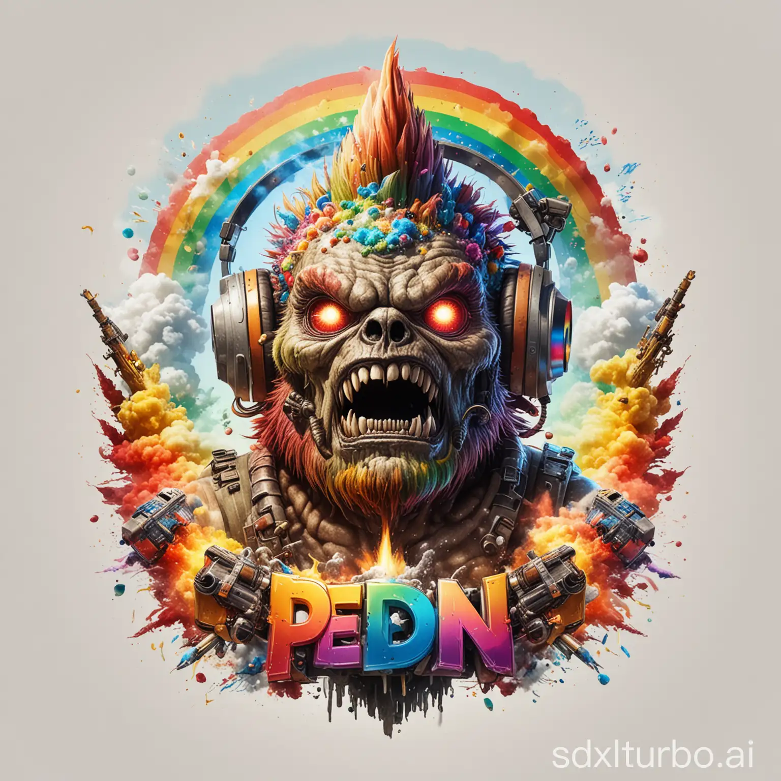 Round Logo "PEON" with bavarian super evil monster freak Nerd rocket launcher machinegun big beer headset and smoke explosion fire shining rainbow on white background