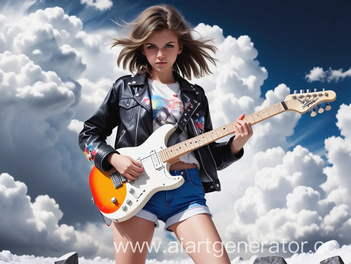 Девушка в коротких шортах, куртка рок - звезды, электрогитара, фон - белоснежные облака, формат 16:9