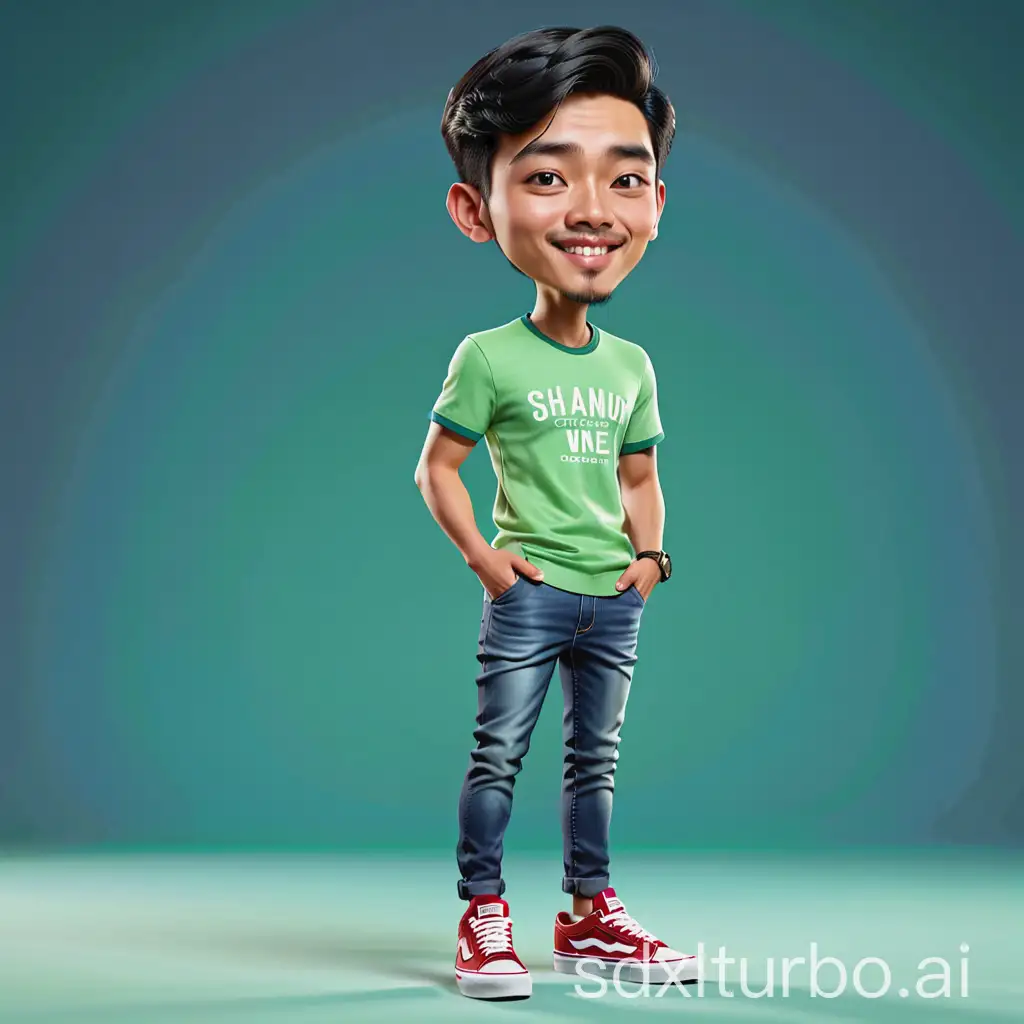 Full body 3D caricature photo of a handsome 27 year old Indonesian man with neat short hair, Jersey with green, jeans, Vans shoes, gray back ground, realistic image with full ultra HD details. Use the RenderMan renderer. 3D. digital art. High definition, high contrast, high color saturation., photos, illustrations, 3d rendering, cinematic, photo, 3d render, typography, fashion, product