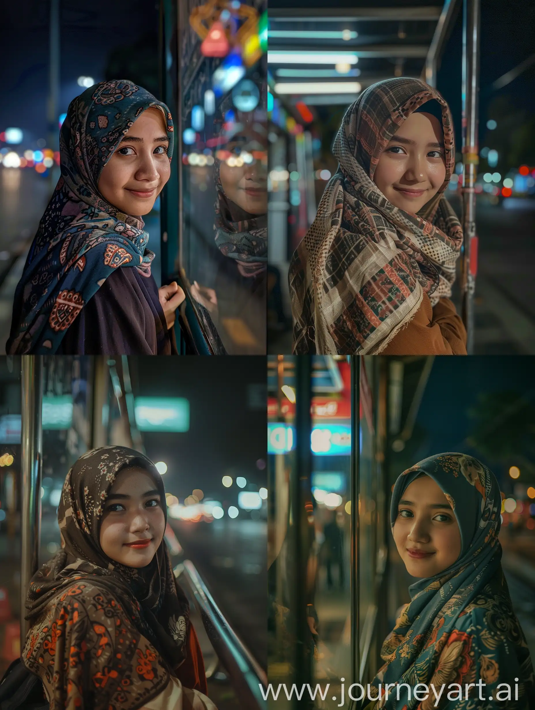 a 18 y.o. Indonesia girl ,solo,scarf,hijab,smile, At night,  bus stop,