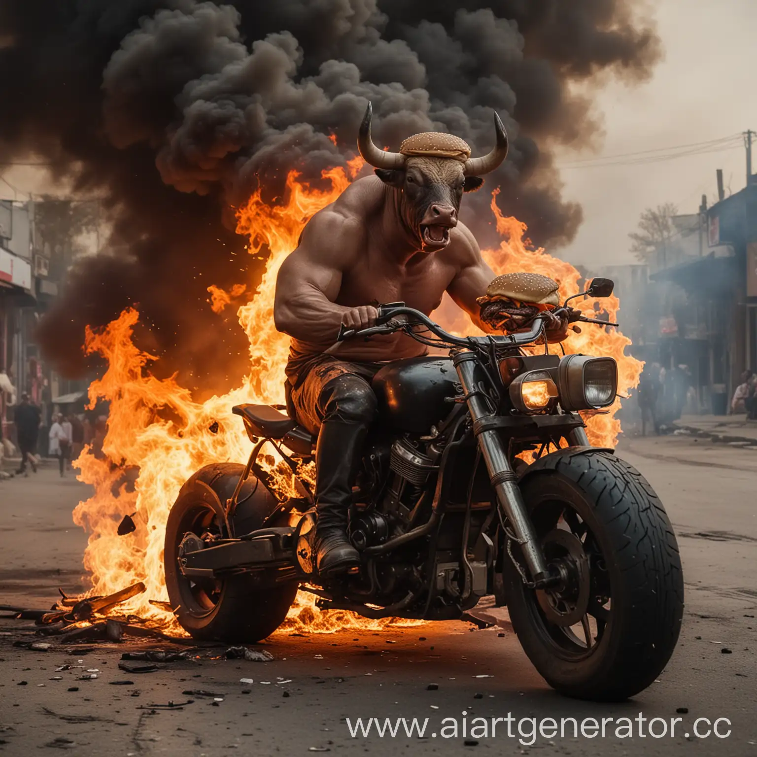 брутальный бык на мотоцикле в огне с бургером

