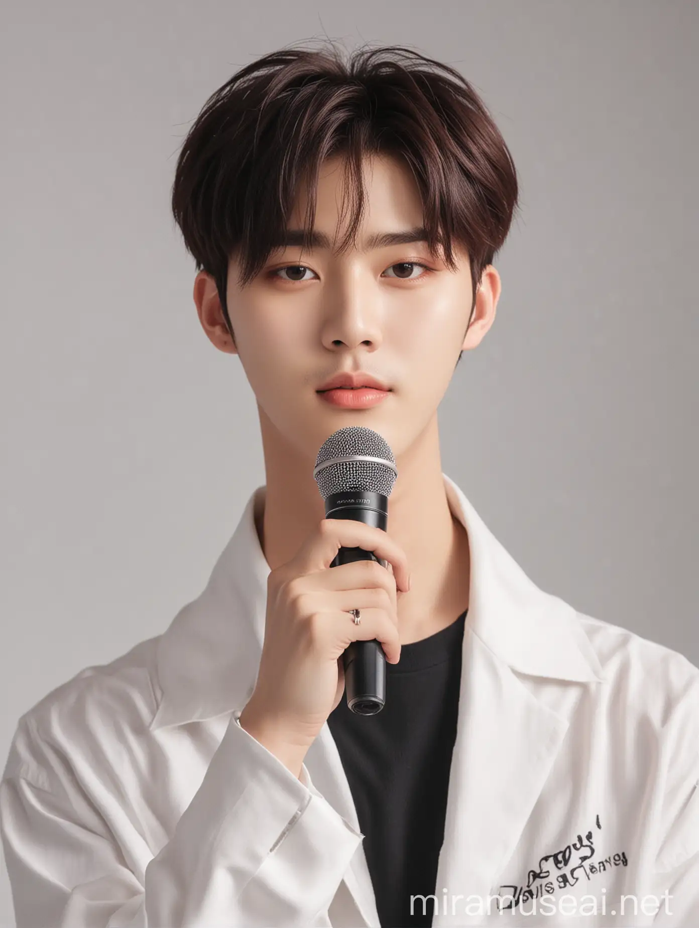 handsome, posing like a kpop idol, holding a microphone looks like Cha Eun Woo of Astro, handsome and soft and kind boy look. Fair skin and so handsome