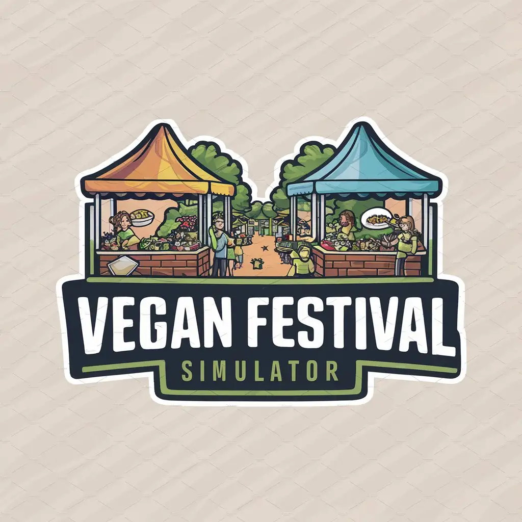 a logo design,with the text "Vegan Festival Simulator", main symbol:A street festival scene, with vendor stalls under gazebo tents featuring vegan food,Moderate,be used in Entertainment industry,clear background
