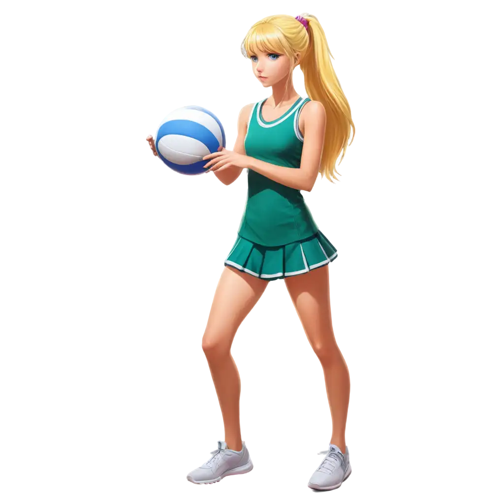 blonde  cartoon anime girl looking down to herself wearing a netball dress