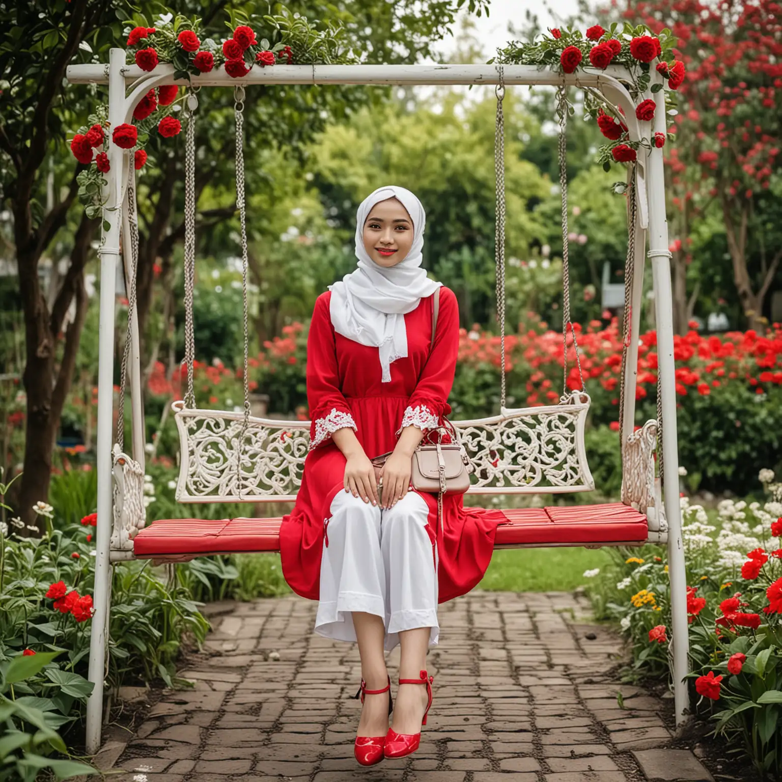 Indonesian Woman in White Hijab Relaxing on Garden Swing