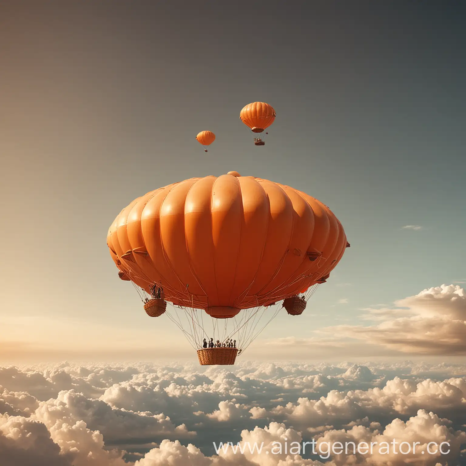 круглый воздушный шар оранжевого цвета парит в небе с бизнесменами в корзине

