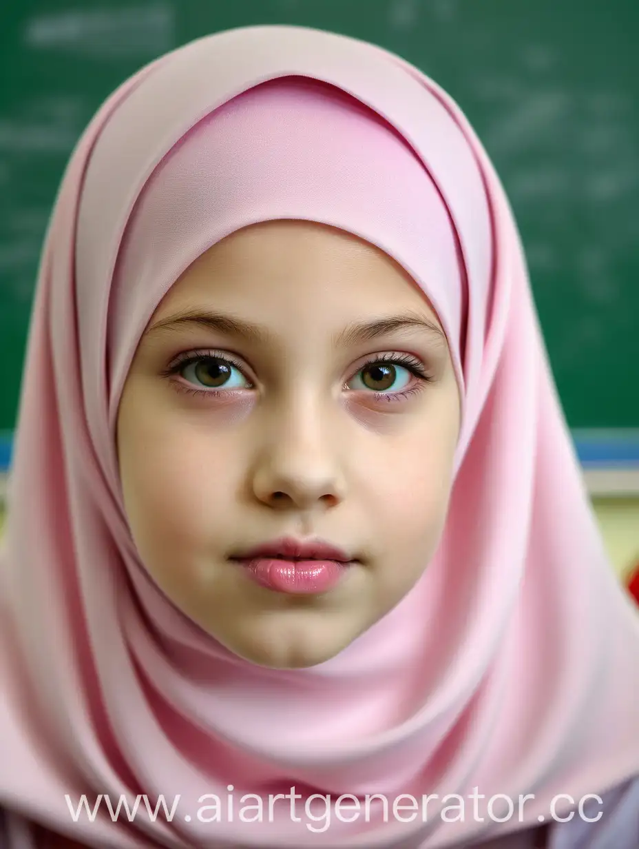 A 12 years innocent child ukranian  in classroom, most beautiful girl in the world, close-up, pink plump lips,  hyaloid swimbra, wears hijab, top view