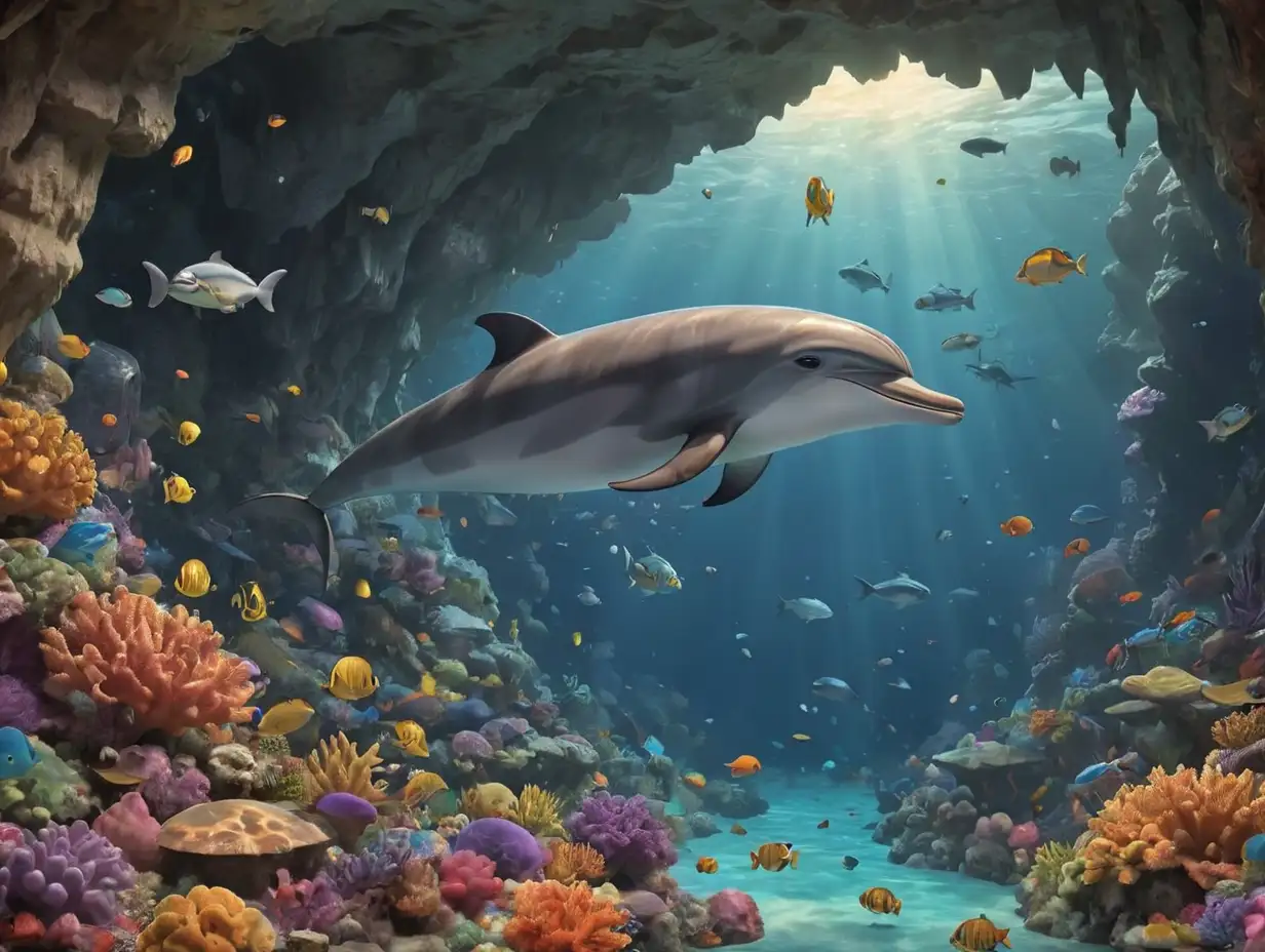 a dolphin in cave, many fish, wonders of the ocean, colorful coral reefs, 3d disney inspire