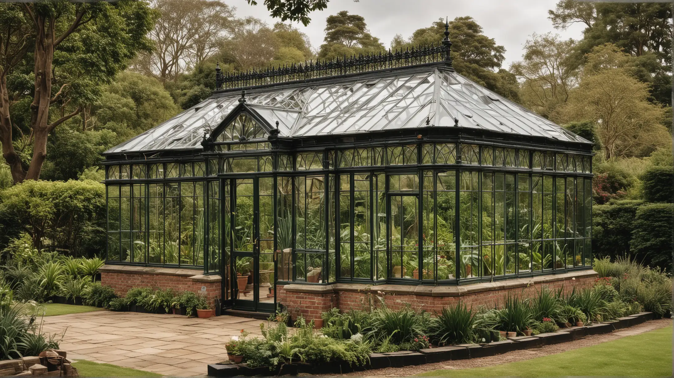 Victorian Glasshouse with Lush Greenery and Ornate Ironwork