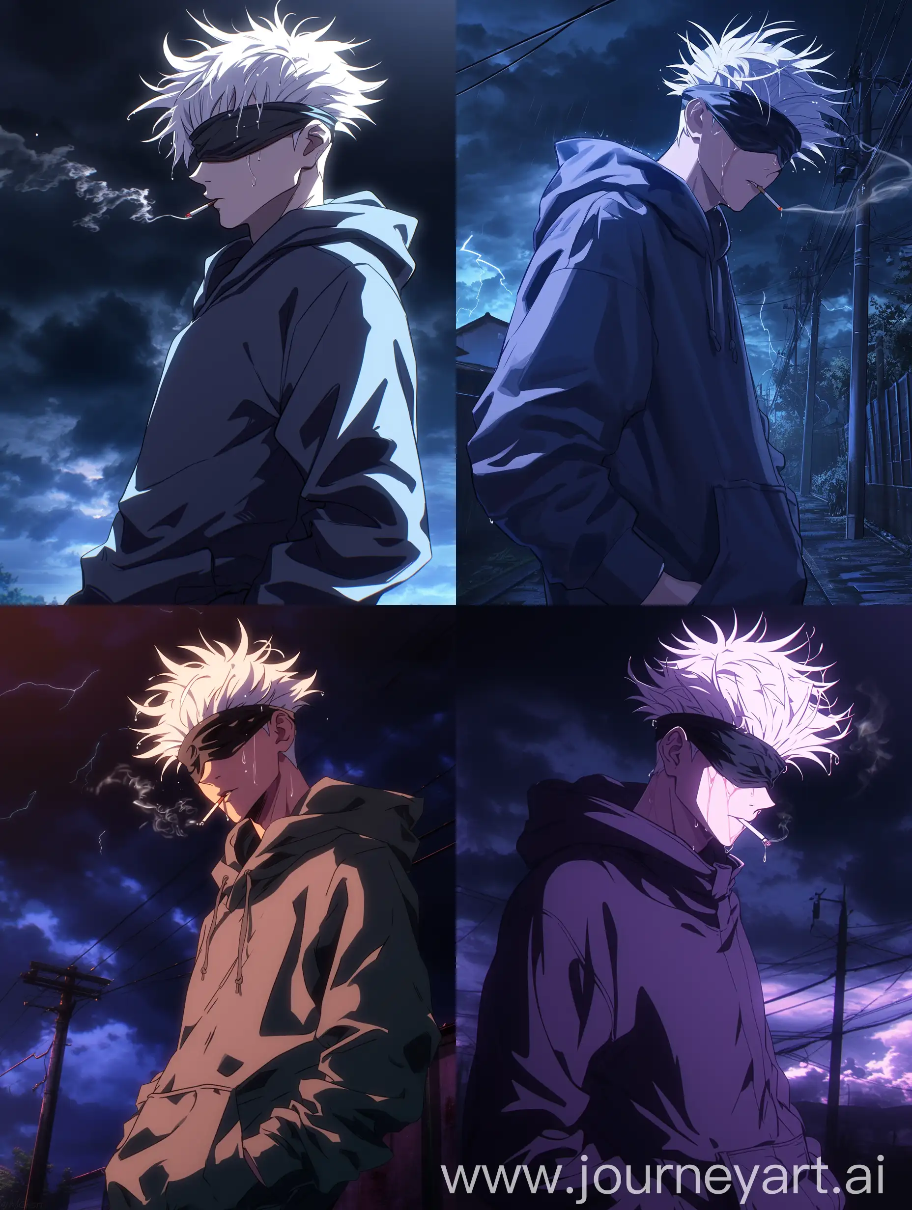 Gojo in cool hoodie, photo screenshot from anime, ((Gojo satoru)), White hair, blind fold, gojo from jujutsu kaisen anime, depressed, sad and confident, smoking cigarette, wet hairs ,,hairs covering some part of blind fold,, looking at the viewer from side, cool look, wearing hoodie, jujutsu kaisen animation style, background art of ufortable, hands in pocket, half body shot, outdoors , beautiful black thunderstorm sky --niji 6
