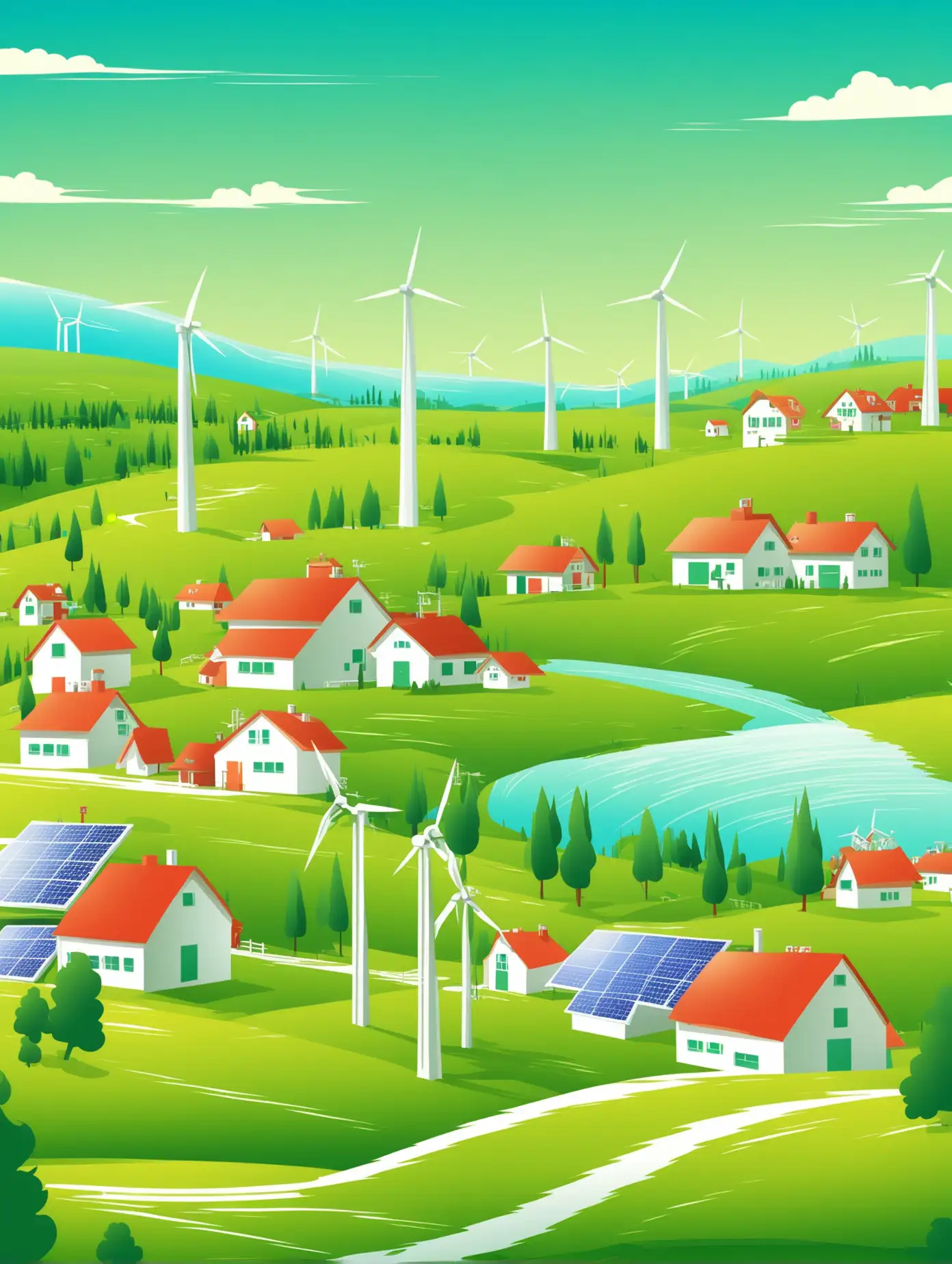 Vector illustration of a pastoral town on a green landscape background with a green energy station and blue sky