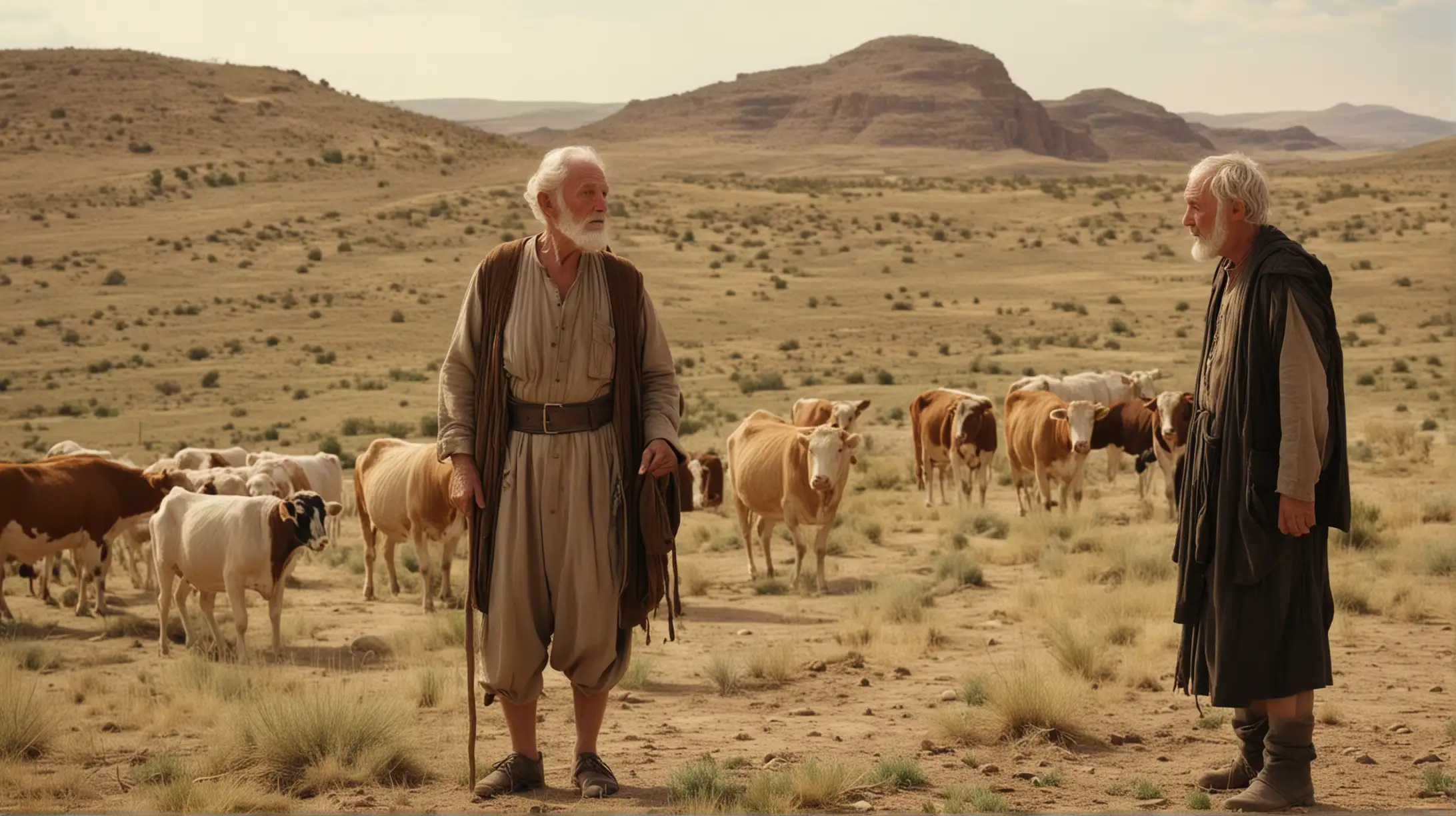 2 old men talking in a desert hilly field, with a few different young men in the background, and some livestock.  Set during the biblical era of King David.