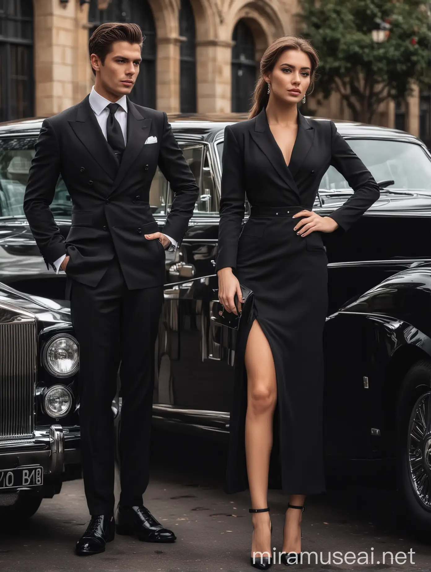 Elegant Woman in Black Dress with Rolls Royce and Admirer