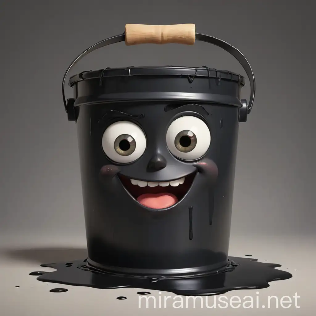 Playful 2D Cartoon Character Holding Black Paint Bucket