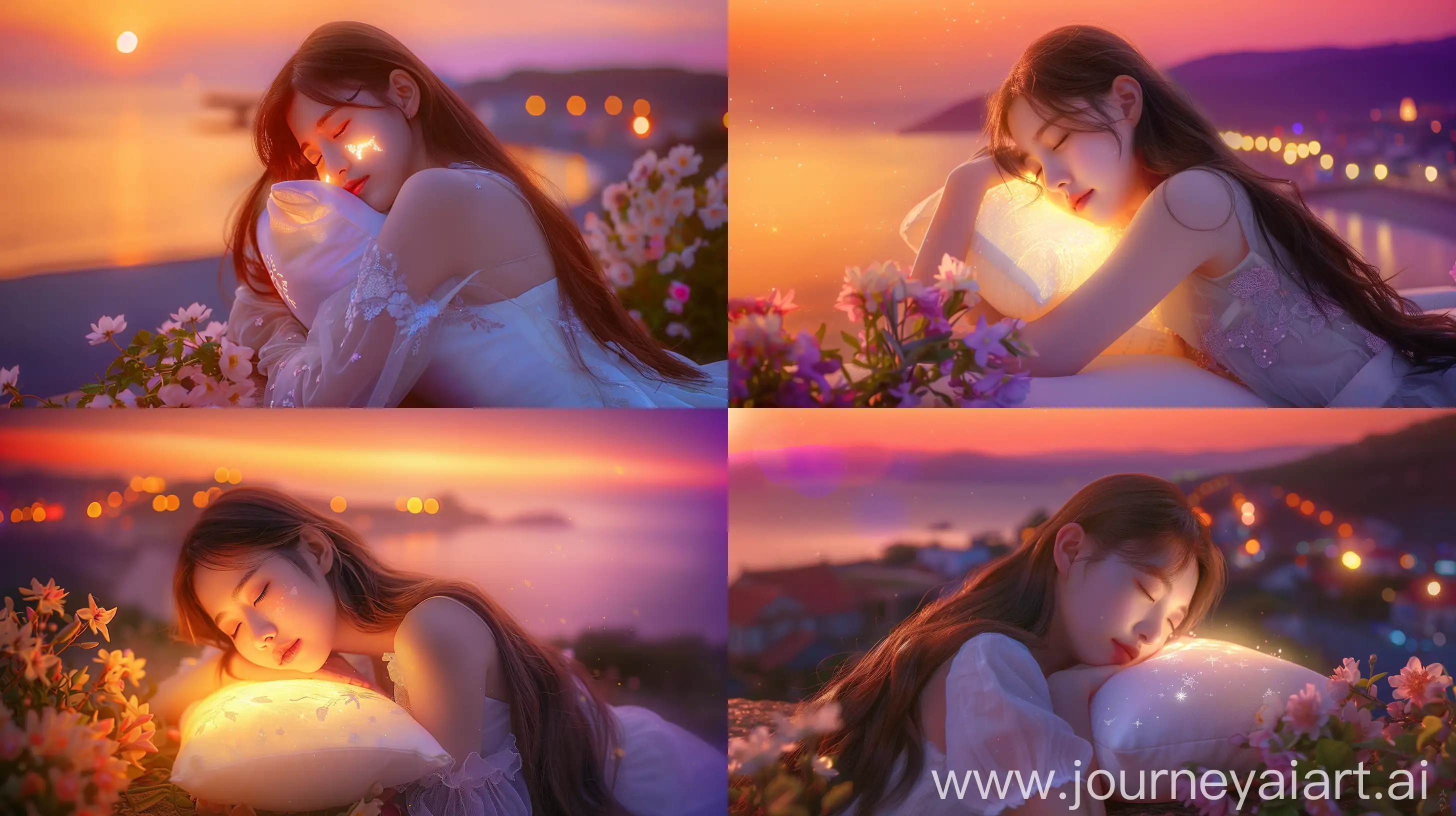 Wonderful night A beautiful Korean girl is leaning on a pillow with her eyes closed. The magical pillow emits a soft glow that shines onto the cheeks, making it clear, bright and beautiful. She has charming long brown hair and is wearing a stunning white evening dress with blooming flowers beside her. The orange to purple gradient sky and seaside town in the distance. Special illumination for the head, detailed facial details, Knee Shot, simple background, blurred background. --version 6.0 --quality 1 --aspect 16:9