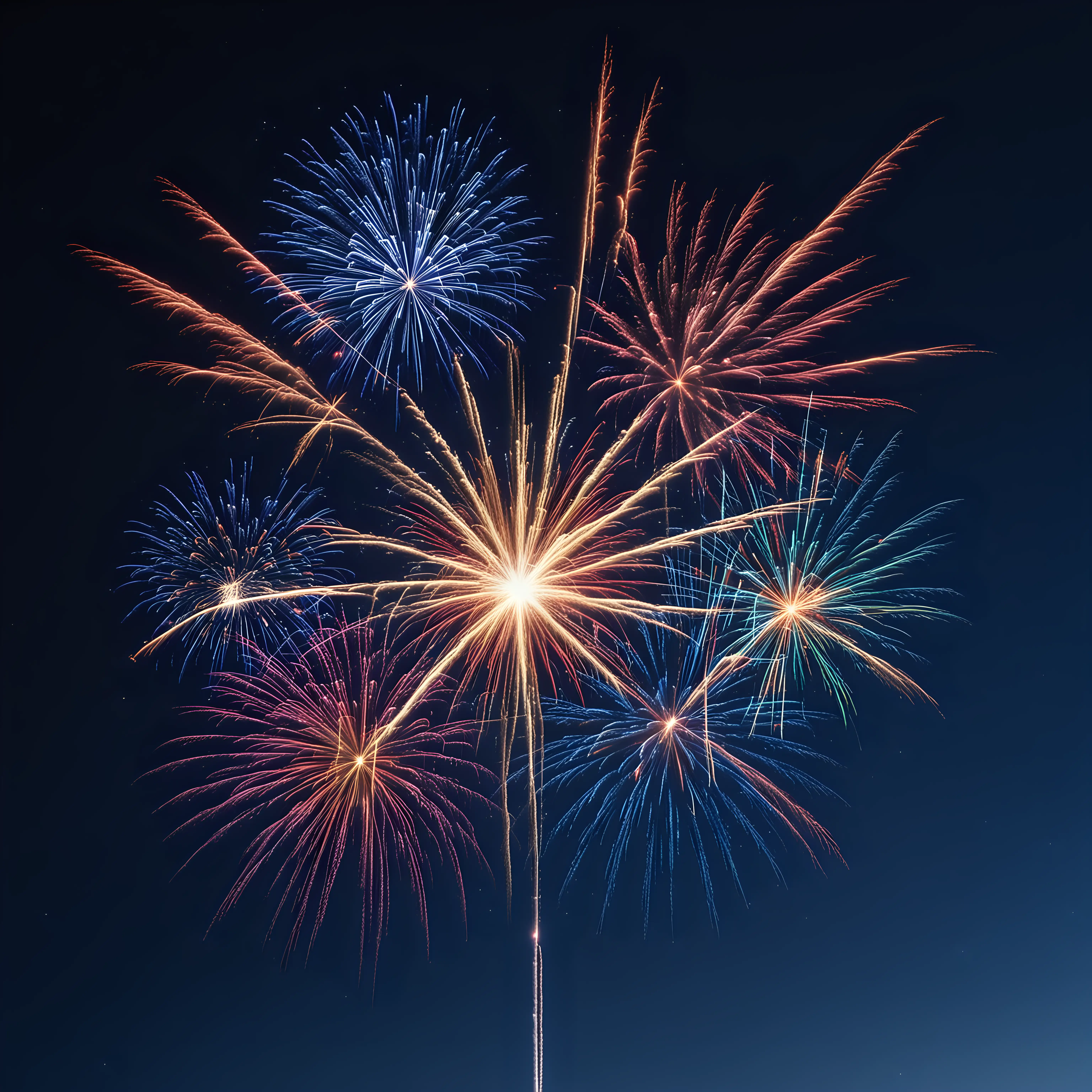 several various colored small glowing firework on a natural darkish bold blue sky background with dimension to it and with no ground