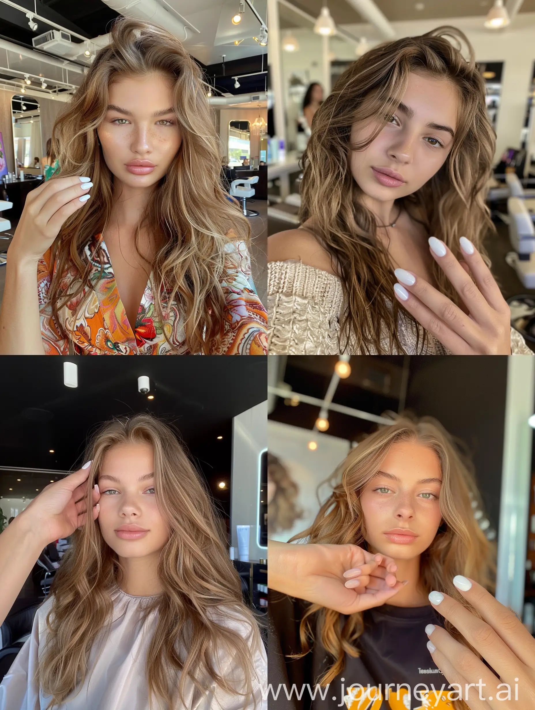 Aesthetic Instagram selfie of a gorgeous super model girl, 17 years old, at the salon getting her hair done, a womans hand in frame, white gel nail polish