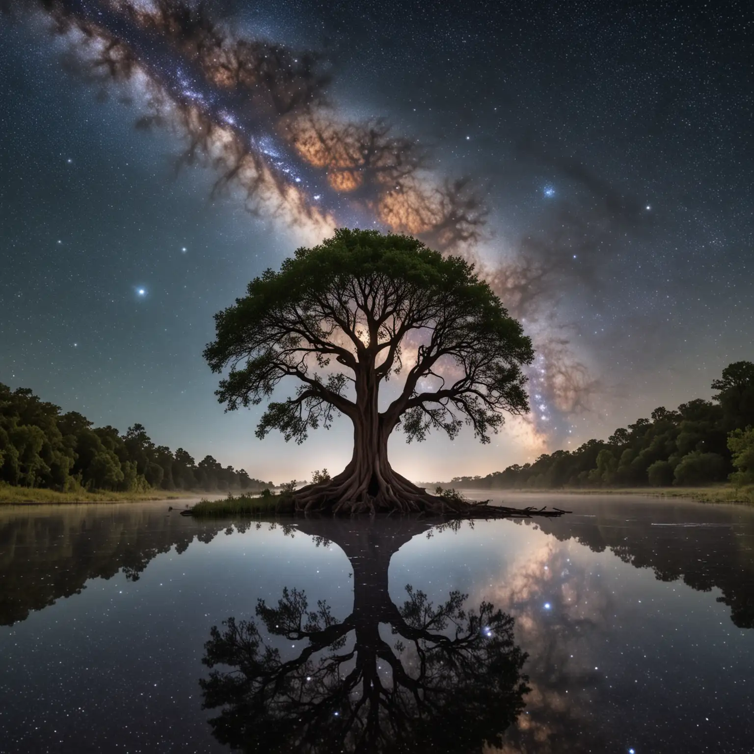 floating river with large tree in the middle with galaxy of stars behind it.