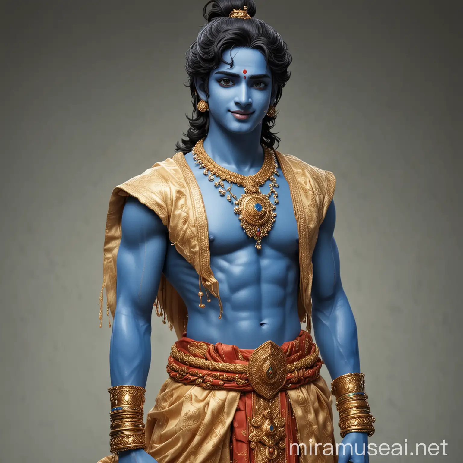Krishna, Handsome face,abs, blue body, blue eyes, the blue colour face, jawline face, blueskin, mahabharata background, Lord Krishna outfit, Lord Krishna makeup, Japanese anime, full body photo, standing pose, smile, face facing the camera