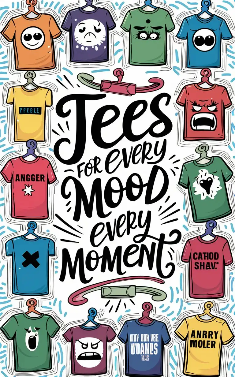 Illustration of various mood-themed tees with the text 'Tees for every mood, every moment' in a vibrant and versatile style.