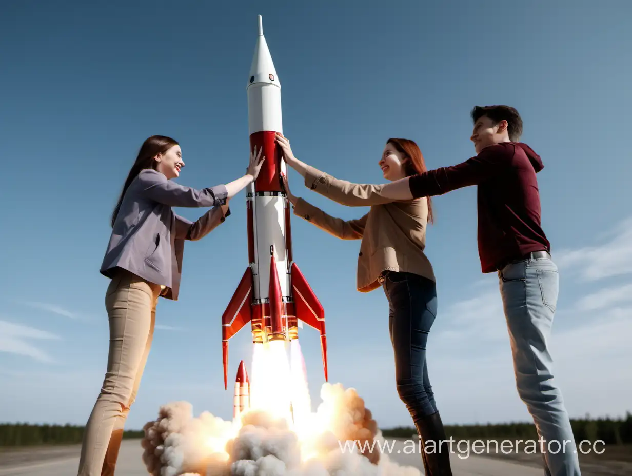 три человека держатся руками за взлетающую ракету
