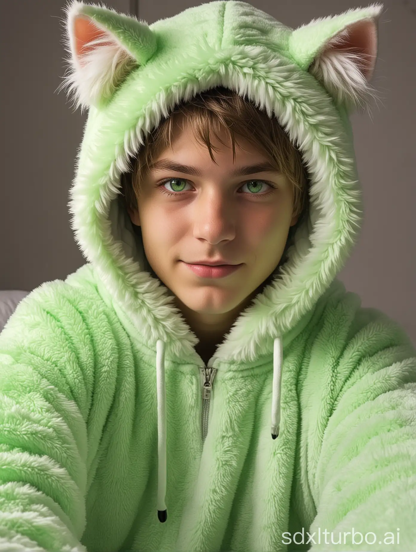 cute teenager boy, fluffy-fur-trim-cat-onesie, green-glowing eyes, fluffy-fleece,gag
