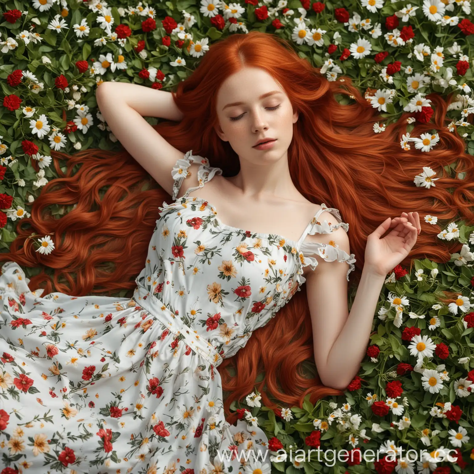 девушка лежит в цветах с длинными рыжими волосами в светлом платье реалистичная