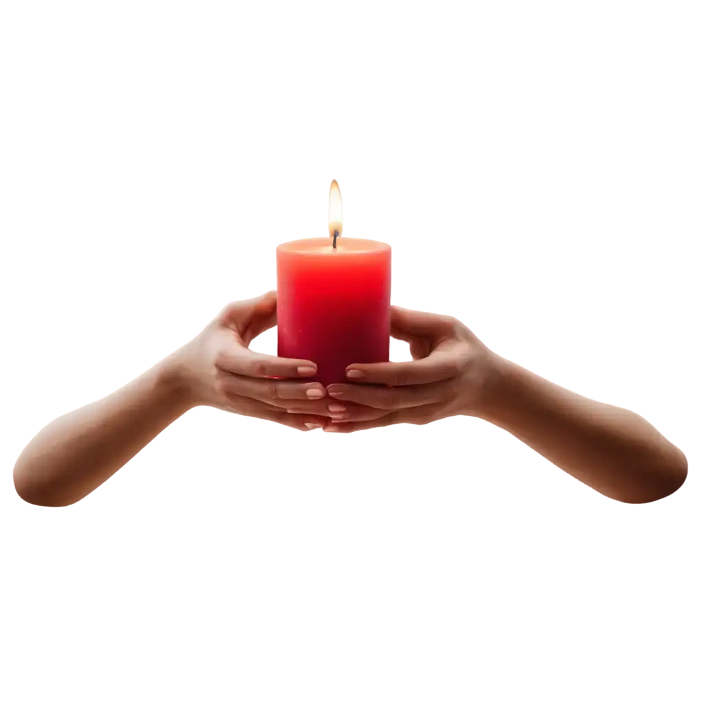 both hands holding one burning candle, side view, gloomy atmosphere