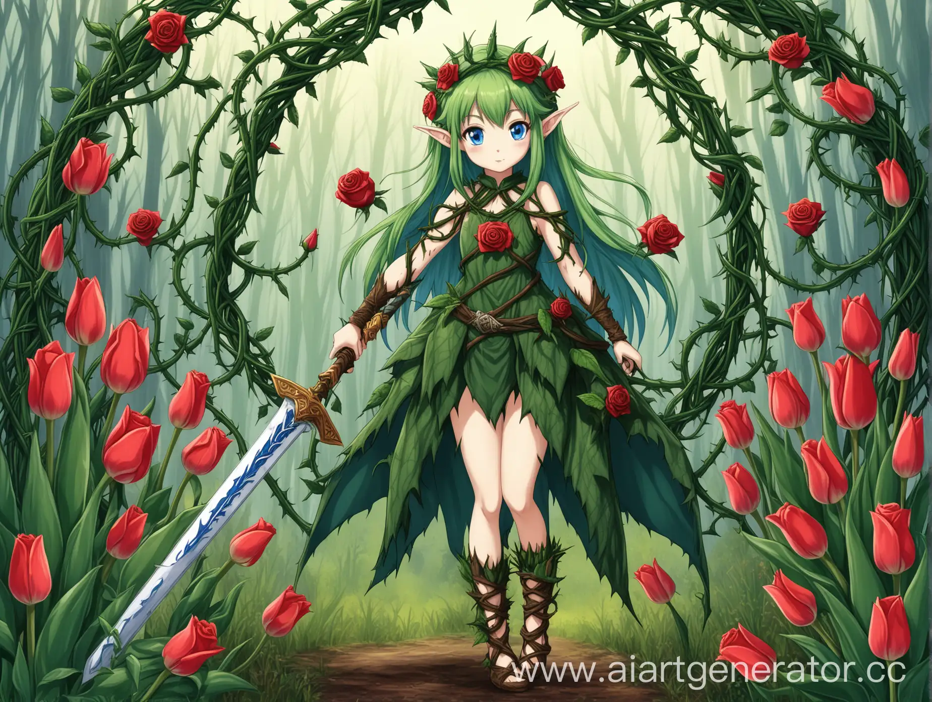Anime-Fantasy-Art-Girl-Elf-Warrior-with-Thorny-Vine-Sword