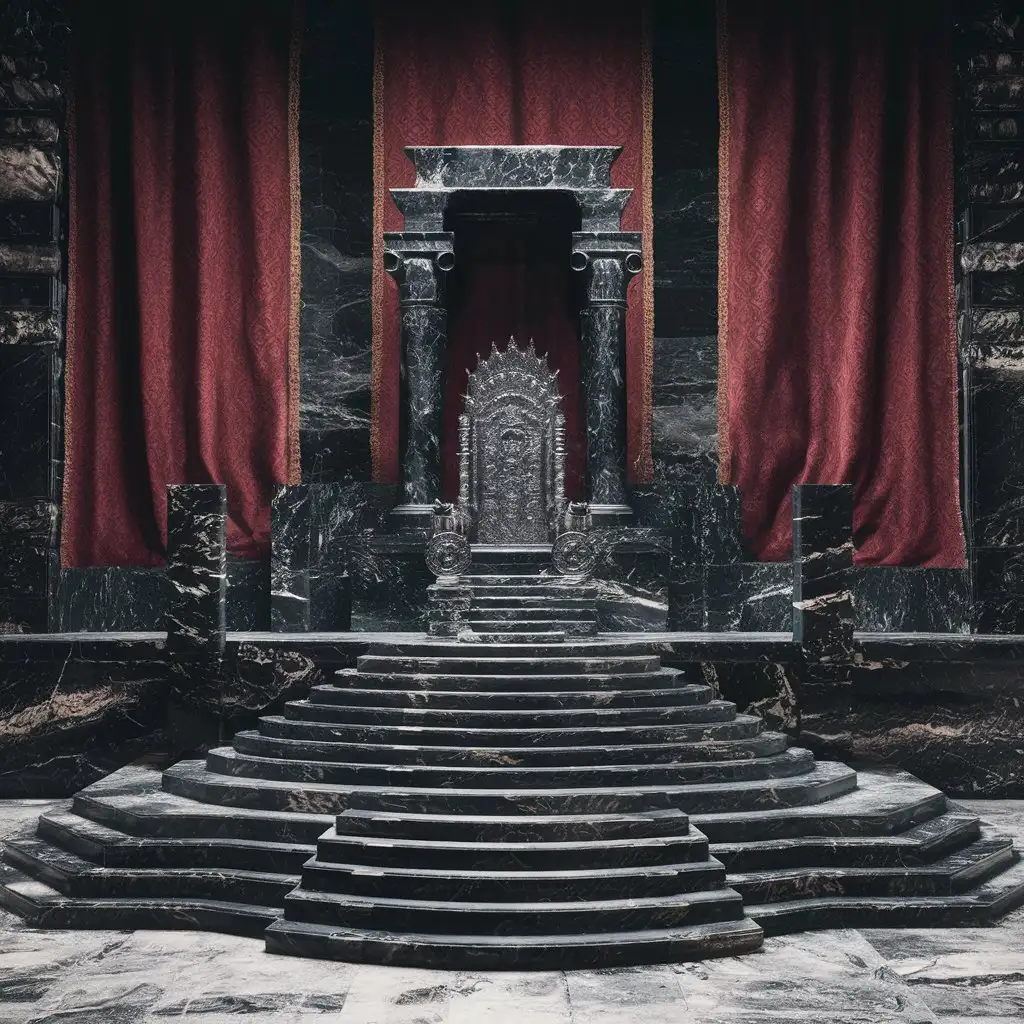 A large ancient throne room made of black and white marble and red fabric tapestry with a large dias with steps 