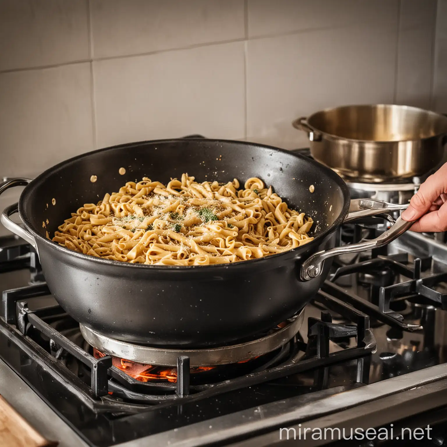 cooking pasta on the stove