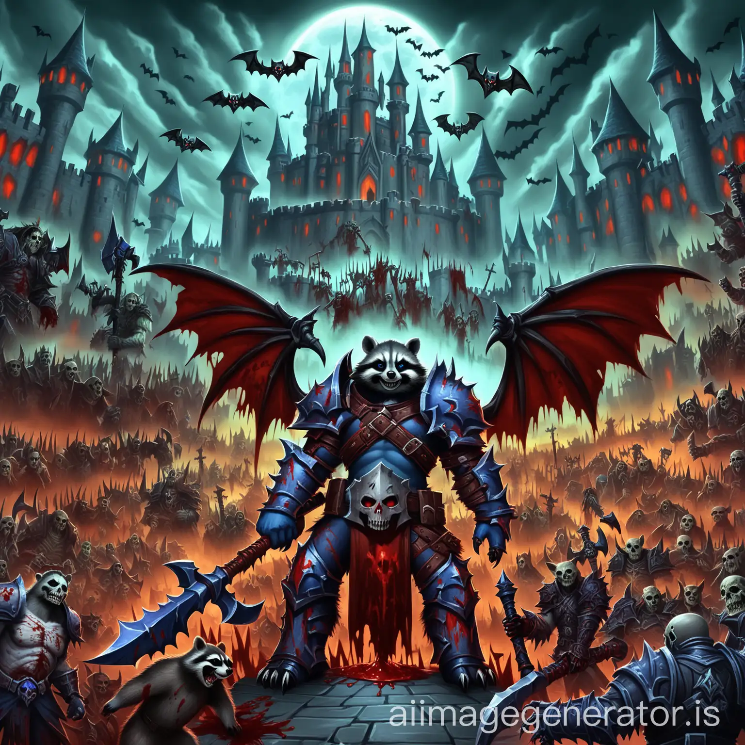 world of warcraft, blood death knight, raccoon, army of the dead, large axe, bat wings, castle
