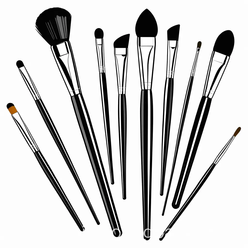 Create a simple, black-and-white line drawing of a makeup brush for a children's coloring page. The brush should have a long, straight handle with a slightly rounded base. The bristles should be soft and fan out gently at the top. Ensure the lines are bold and clean, suitable for young children to color within. The overall design should be simple and easy to understand., Coloring Page, black and white, line art, white background, Simplicity, Ample White Space.