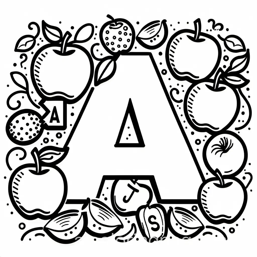 big and small letter A in the middle of the page with apples around
, Coloring Page, black and white, line art, white background, Simplicity, Ample White Space. The background of the coloring page is plain white to make it easy for young children to color within the lines. The outlines of all the subjects are easy to distinguish, making it simple for kids to color without too much difficulty