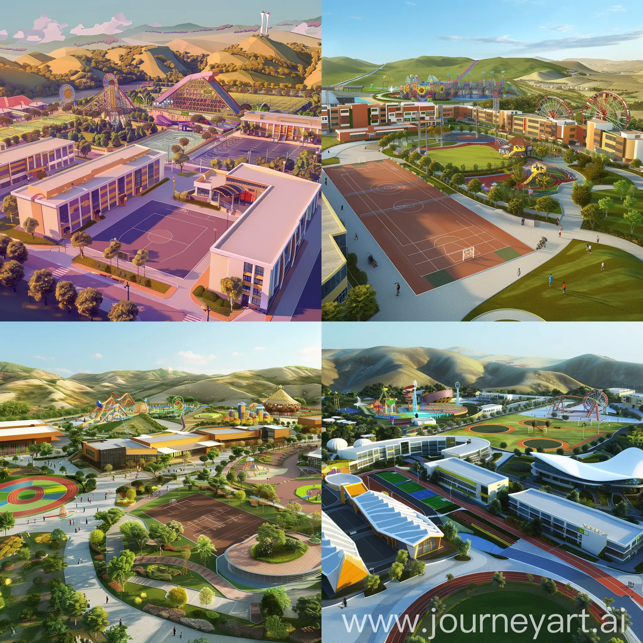 I want a school for boys with modern architecure for rich family . I want a big sport zone near school and a themepark in back ground . I want to see hills behind the theme park and in far from school