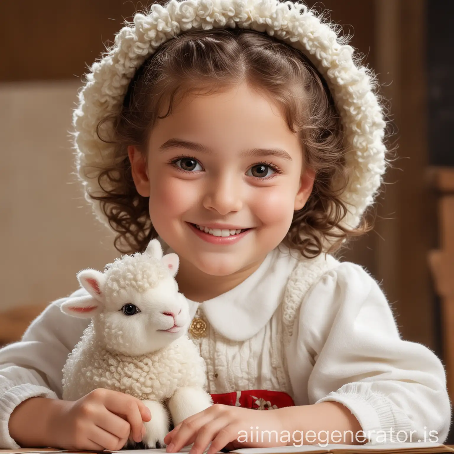 a beautiful little girl smiling she is studying in school   ,she have a snow white color little  lamb