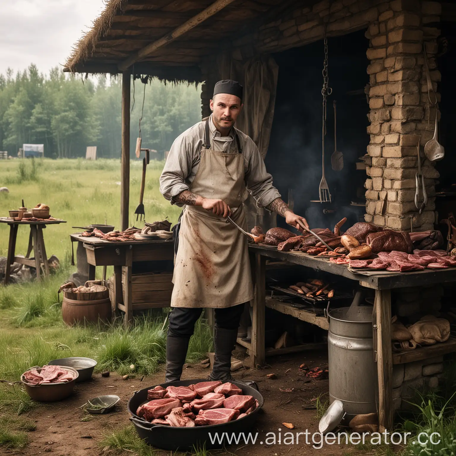 Игра Сталкер, где повар готовит на полевой кухне для персонажей игры мясо