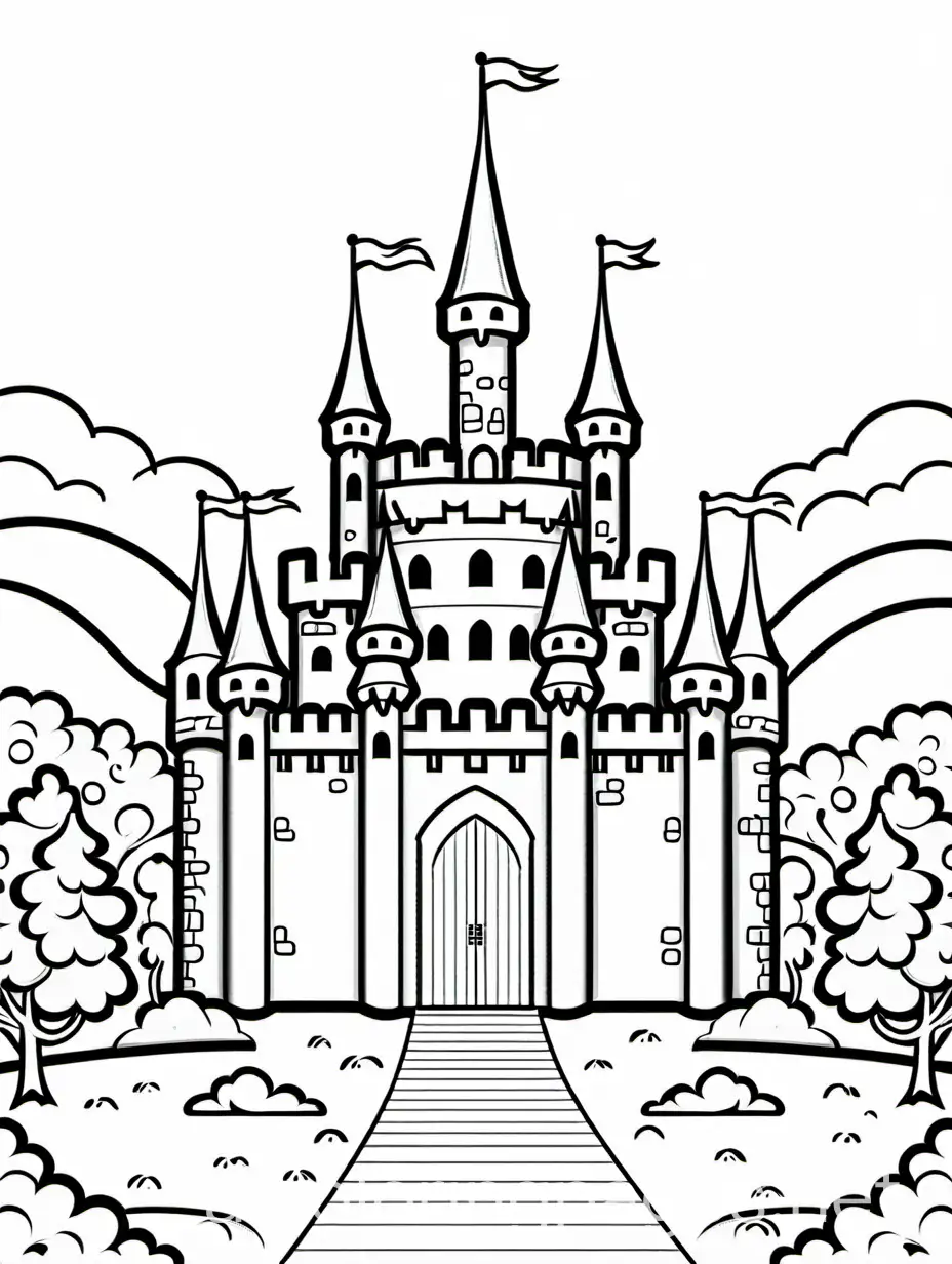 Castle , Coloring Page, black and white, line art, white background, Simplicity, Ample White Space. The background of the coloring page is plain white to make it easy for young children to color within the lines. The outlines of all the subjects are easy to distinguish, making it simple for kids to color without too much difficulty