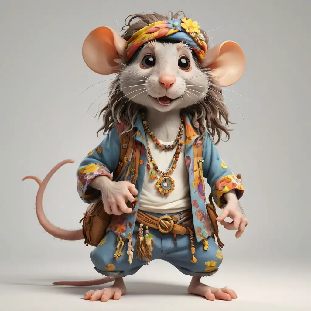 Cartoon Rat Hippie in Full Body Vibrant White Background Masterpiece