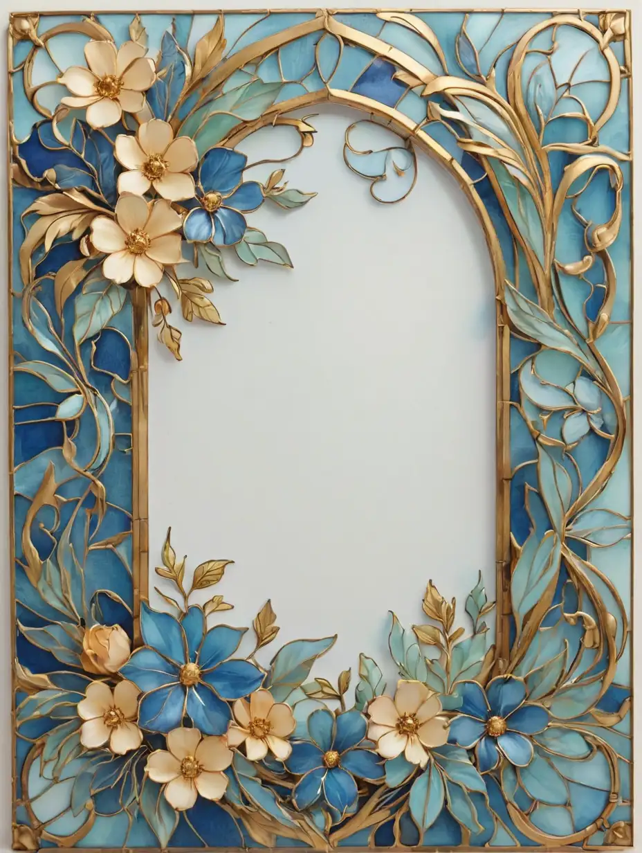 watercolor stained glass floral frame in blue gold

