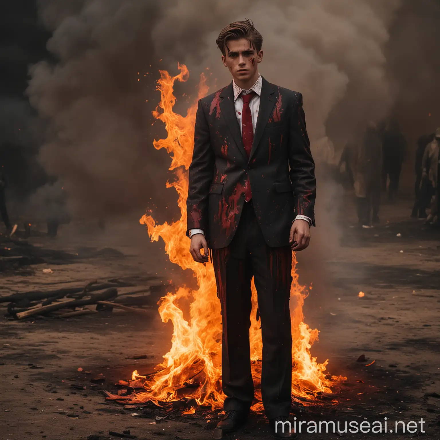 Young Man in Suit Standing Amidst Flames with Bloodstains